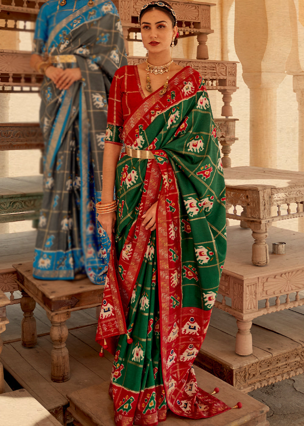 MySilkLove Jewel Green and Red Printed Patola Silk Saree