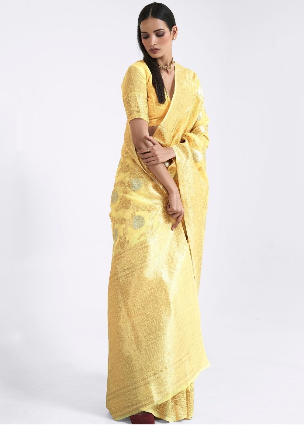 MySilkLove Rob Roy Yellow Zari Woven Linen Saree