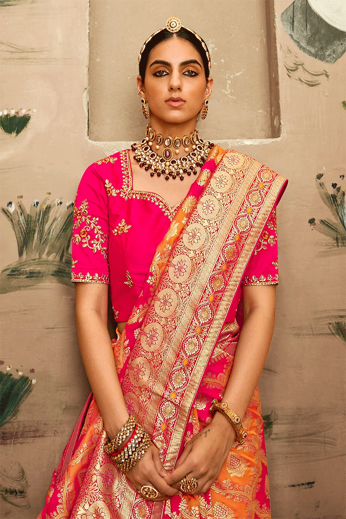 Buy MySilkLove Texas Orange and Pink Zari Woven Banarasi Saree Online