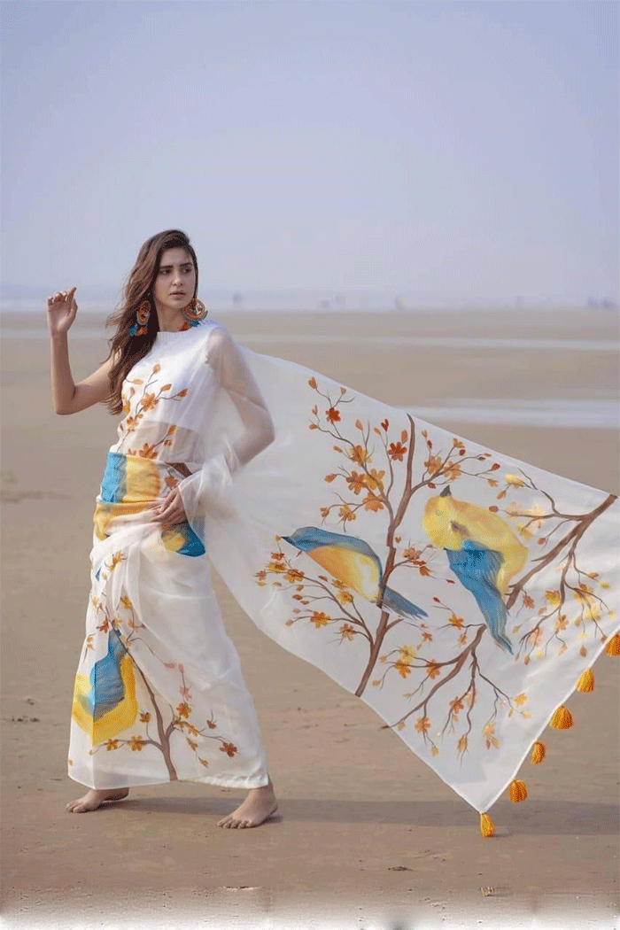 Buy MySilkLove Pearl Bush White and Yellow Soft Organza Saree Online