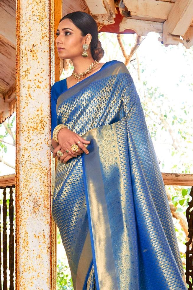 Buy MySilkLove San Marino Blue Zari Woven Kanjivaram Silk saree Online