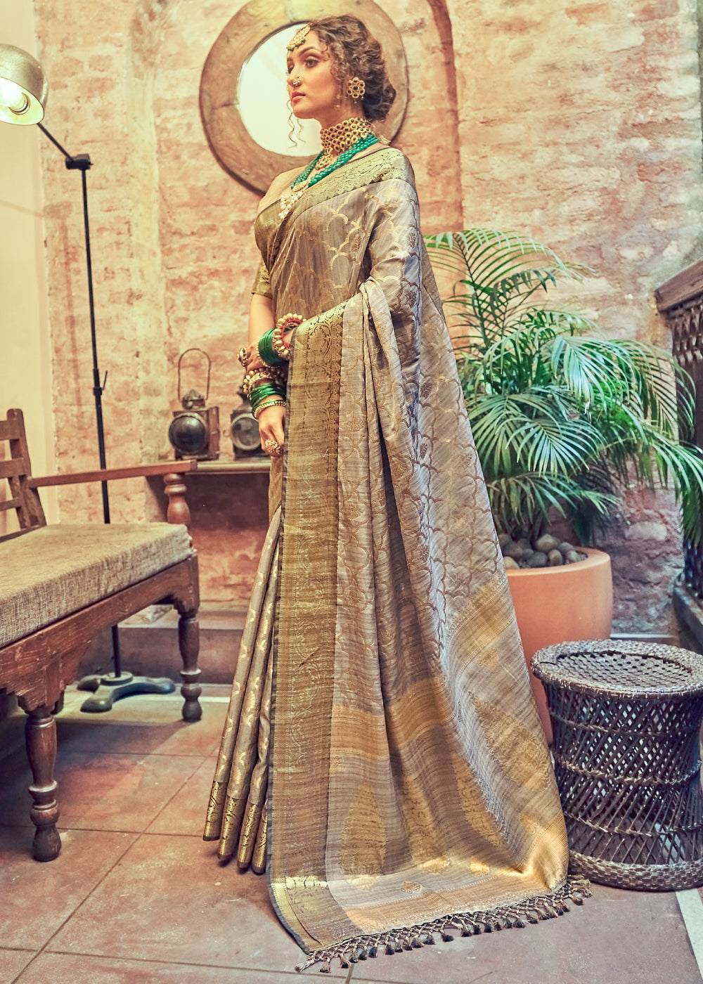 Buy MySilkLove Sorrell Grey Woven Banarasi Silk Saree Online