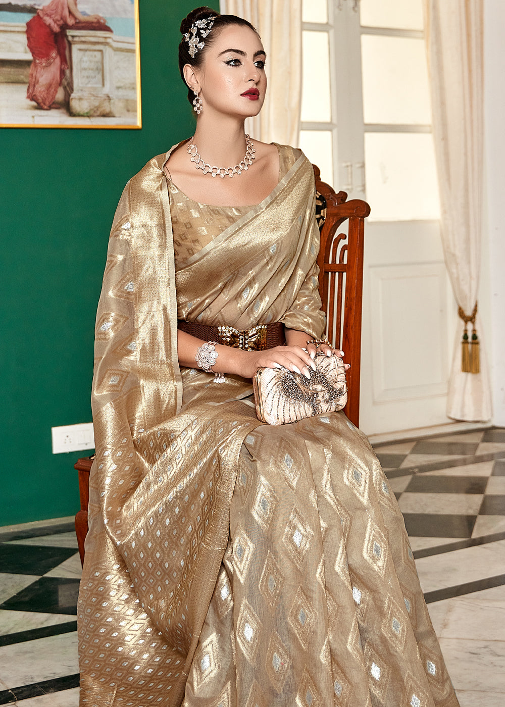 Buy MySilkLove Sorrell Cream Woven Banarasi Cotton Modal Silk Saree Online