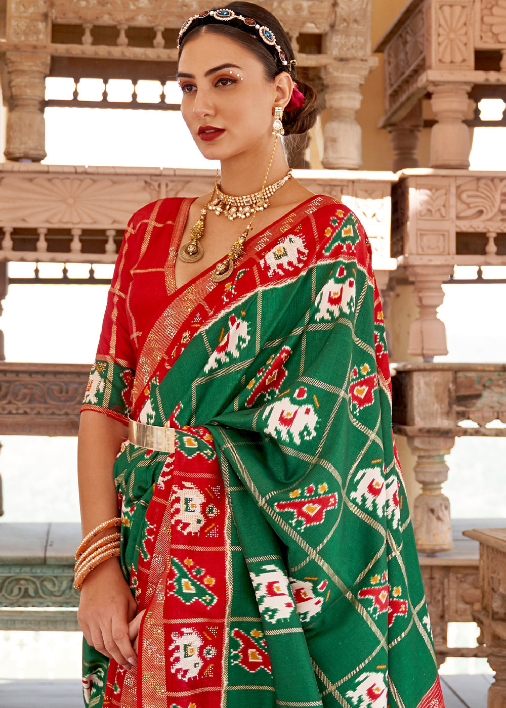 Buy MySilkLove Jewel Green and Red Printed Patola Silk Saree Online