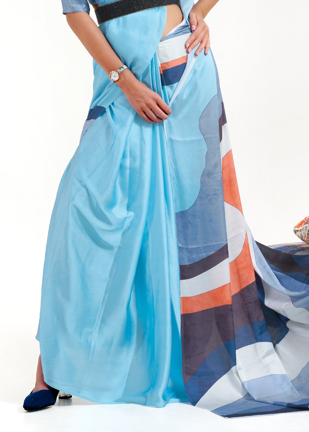 Buy MySilkLove Cornflower Blue Printed Satin Silk Saree Online