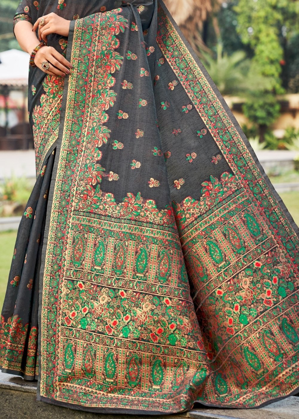 Buy MySilkLove Abbey Grey Kashmiri Weaving Cotton Silk Saree Online