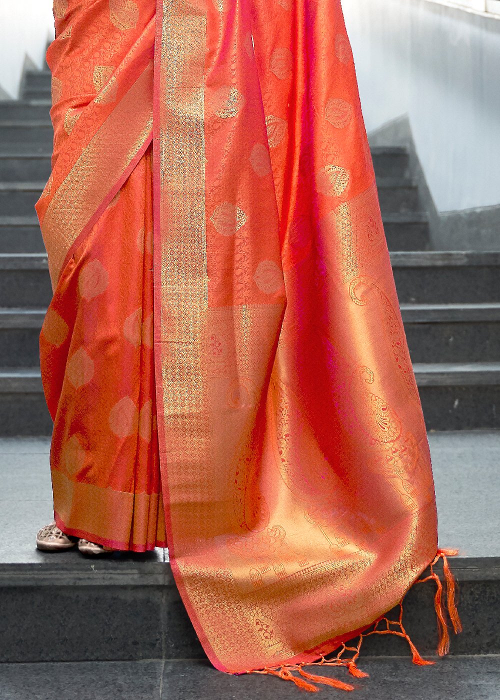 Buy MySilkLove Sunset Orange Zari woven Banarasi Saree Online