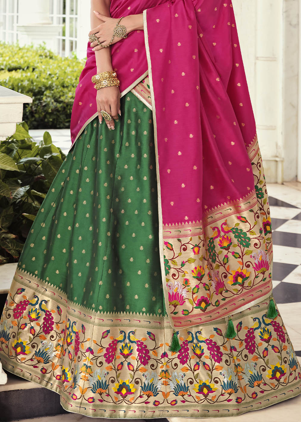 Buy MySilkLove Spring Leaves Green and Pink Banarasi Silk Lehenga Choli Online