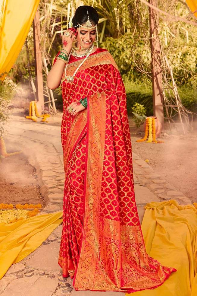 Buy MySilkLove Flamingo Red Zari Woven Kanjivaram Saree Online