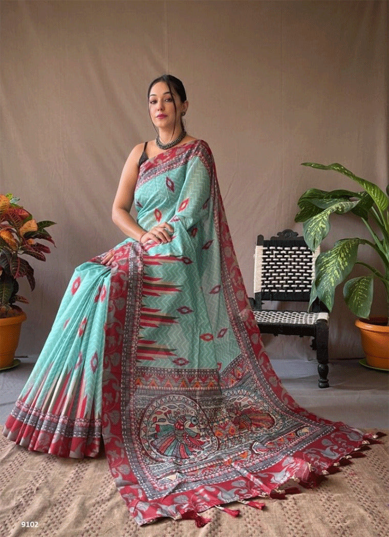 Buy MySilkLove Morning Glory Blue and Pink Kalamkari Printed Saree Online