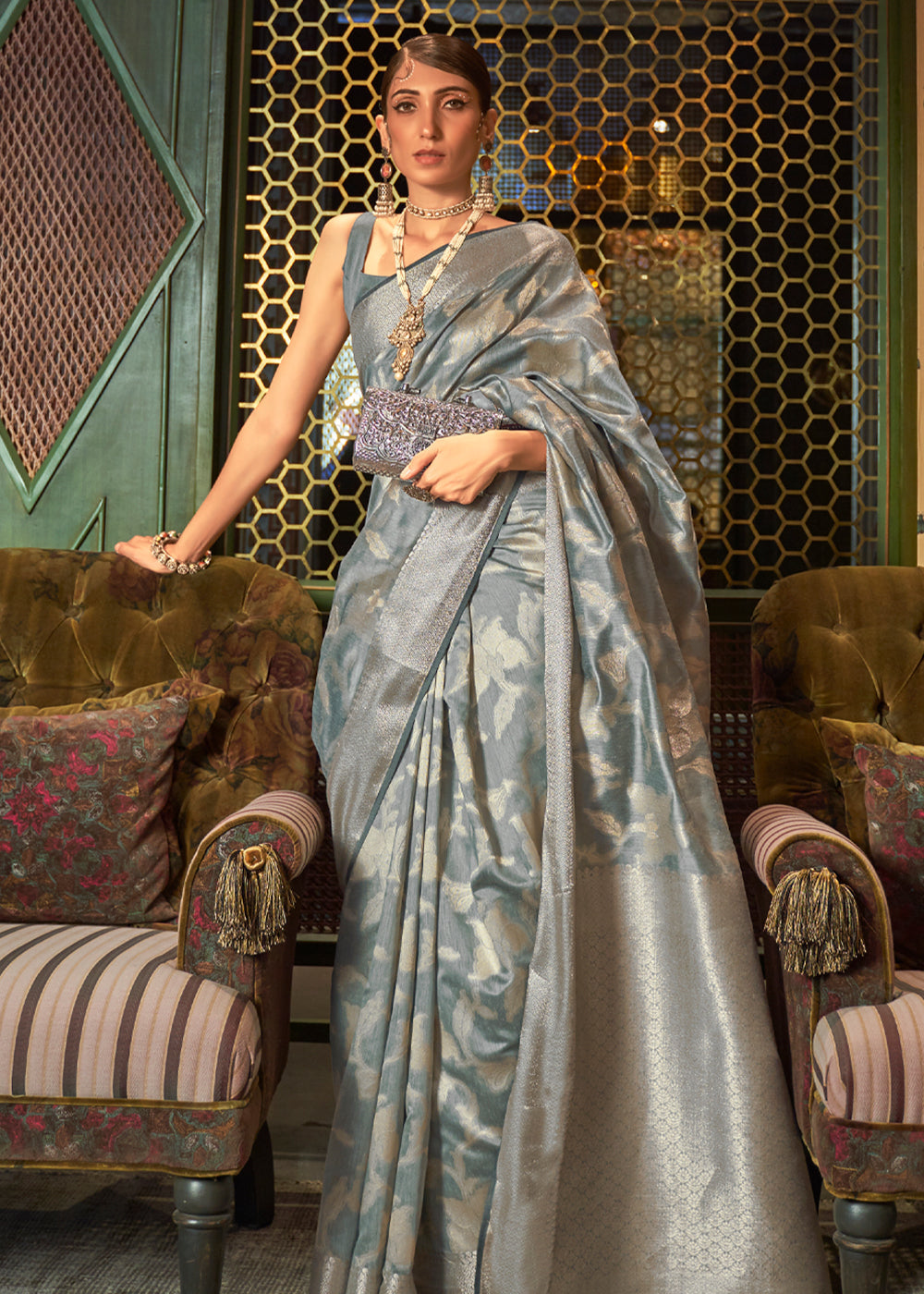 Buy MySilkLove Mantle Grey Zari Woven Banarasi Silk Saree Online