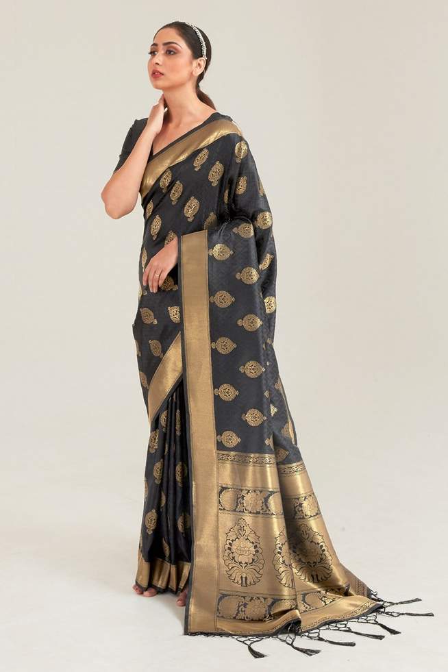 Buy MySilkLove Dark Ship Gray Zari Woven Banarasi Saree Online