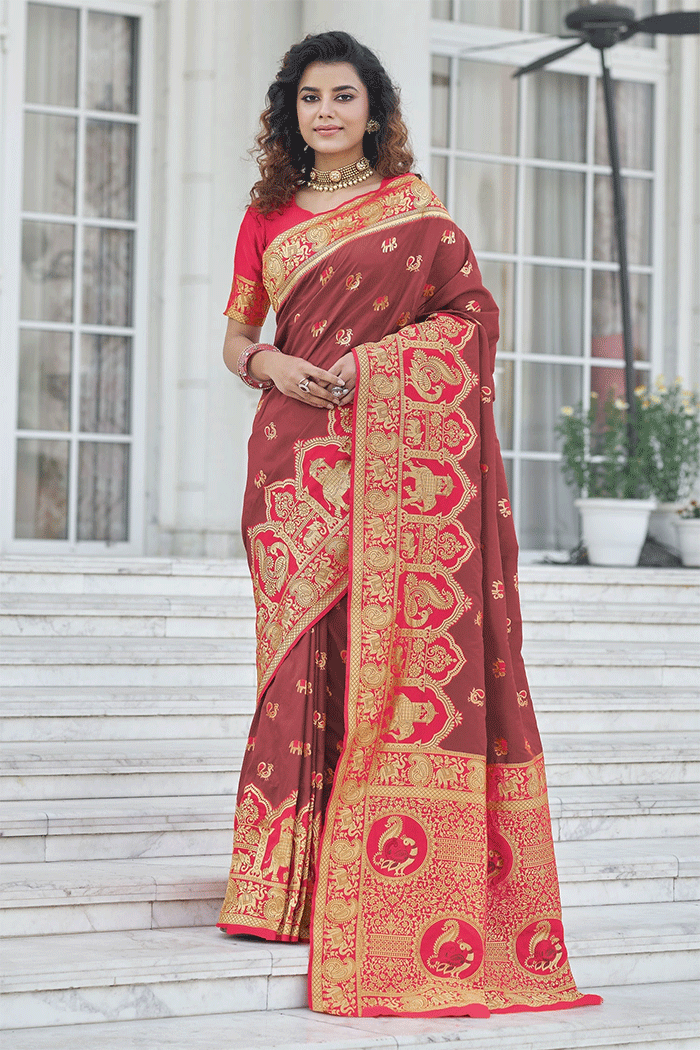 Buy MySilkLove Lotus Brown and Red Zari Woven Banarasi Saree Online