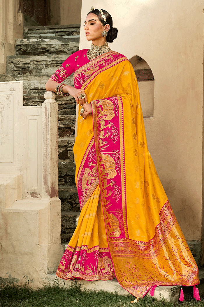 Buy MySilkLove Sun Yellow and Pink Zari Woven Banarasi Saree Online