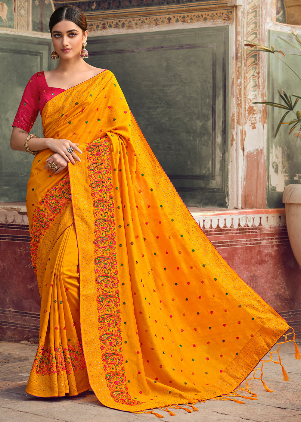 Buy MySilkLove Koromiko Yellow Woven Banarasi Saree with Embroidery Work Online