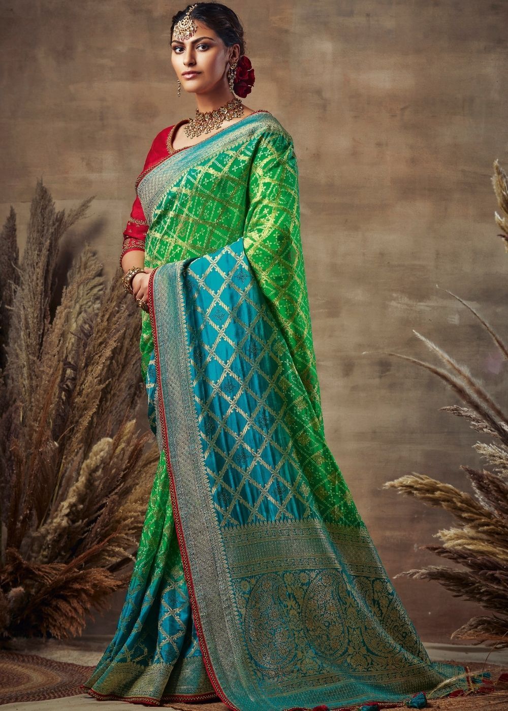 Buy MySilkLove Chateau Green Designer Bandhani print banarasi fusion saree Online