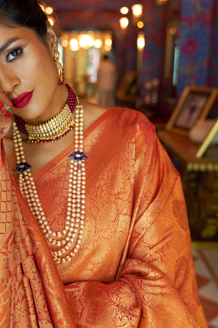 Buy MySilkLove Jaffa Orange Gold Handcrafted Kanjivaram Saree - MySilkLove Online