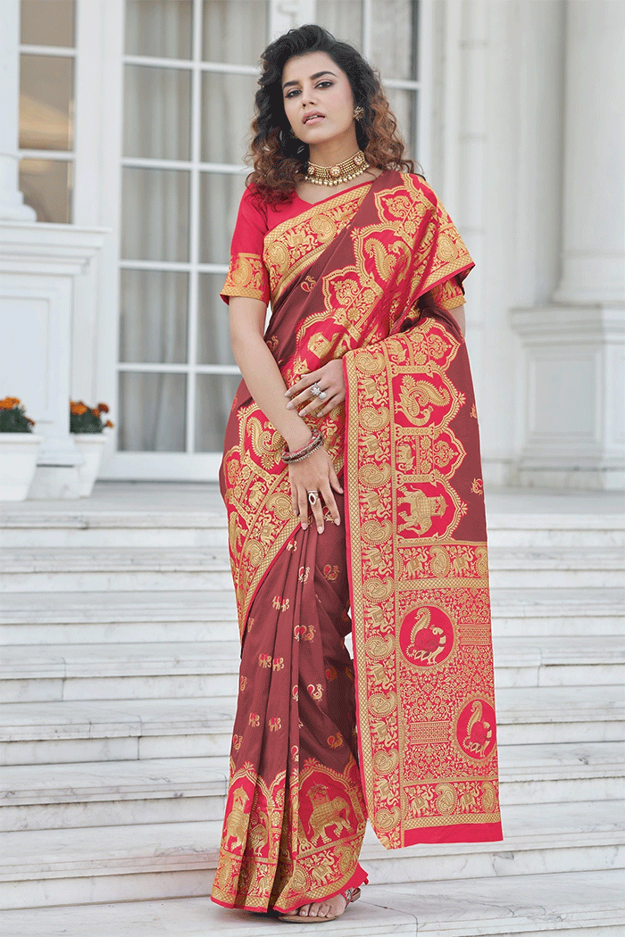 MySilkLove Lotus Brown and Red Zari Woven Banarasi Saree