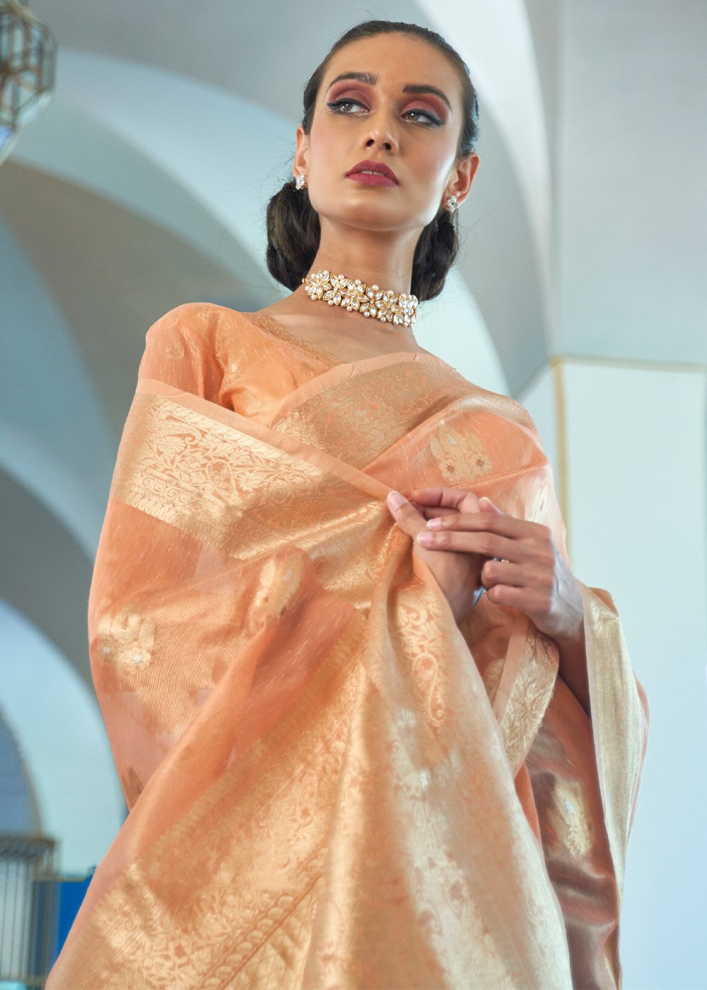 Buy MySilkLove Peach Orange Woven Banarasi Tissue Saree Online