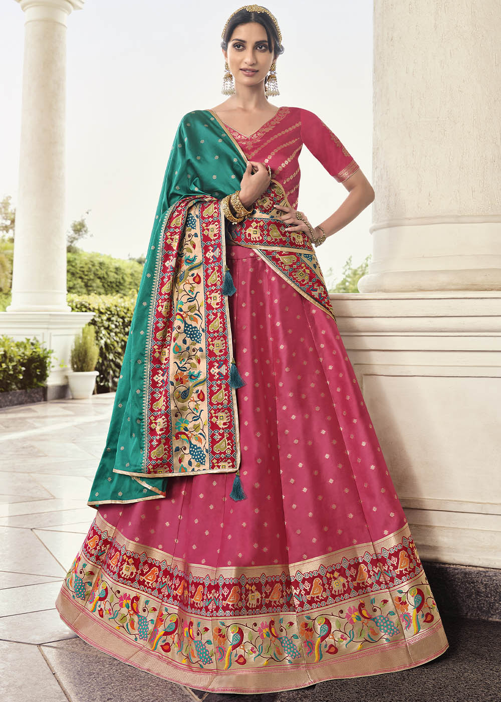 Buy MySilkLove Rose Pink and Green Banarasi Silk Lehenga Choli Online
