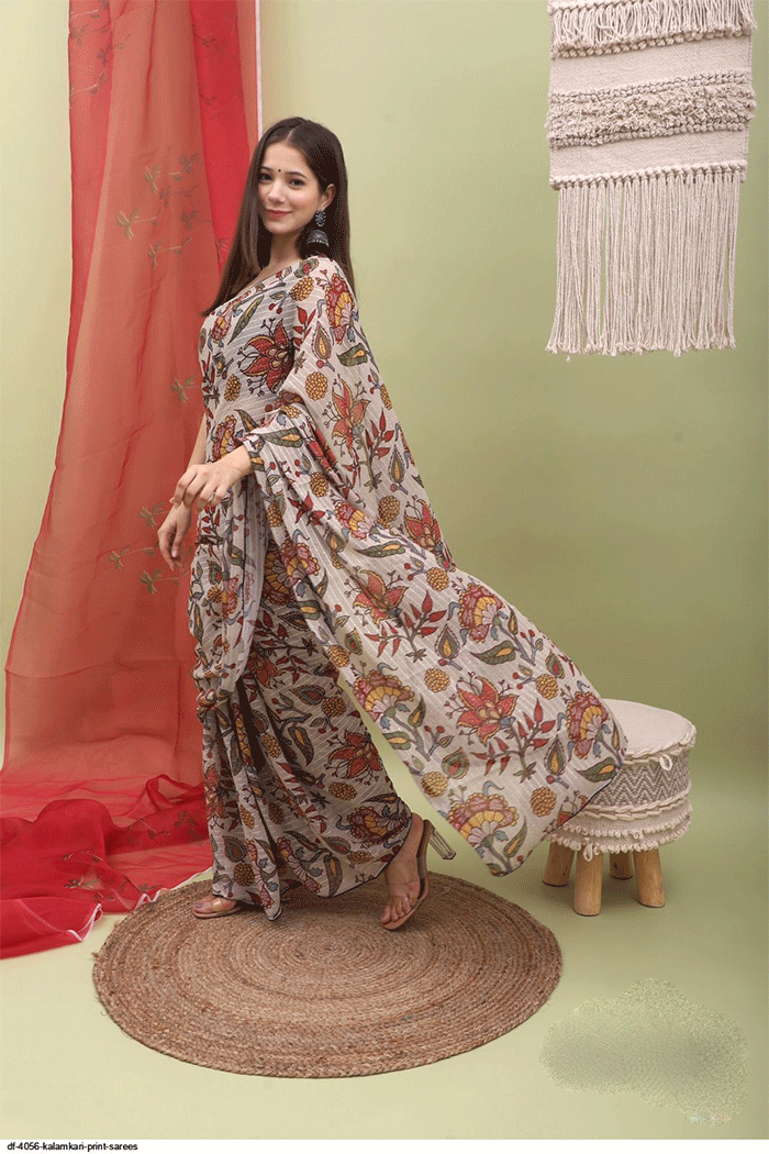 Buy MySilkLove Thatch Cream Kalamkari Print Saree Online