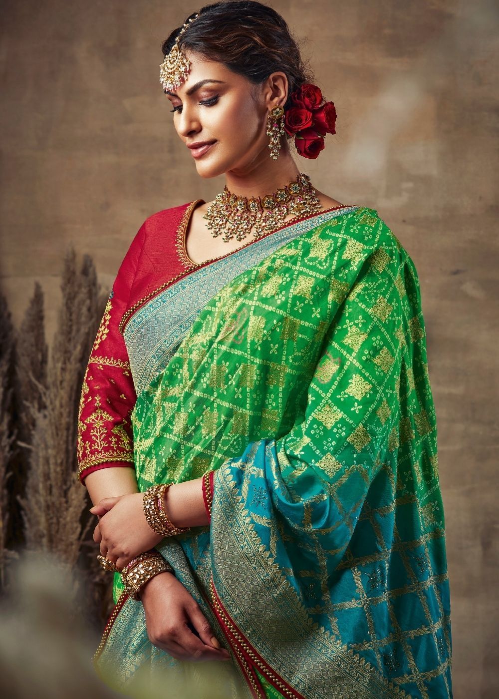 MySilkLove Chateau Green Designer Bandhani print banarasi fusion saree