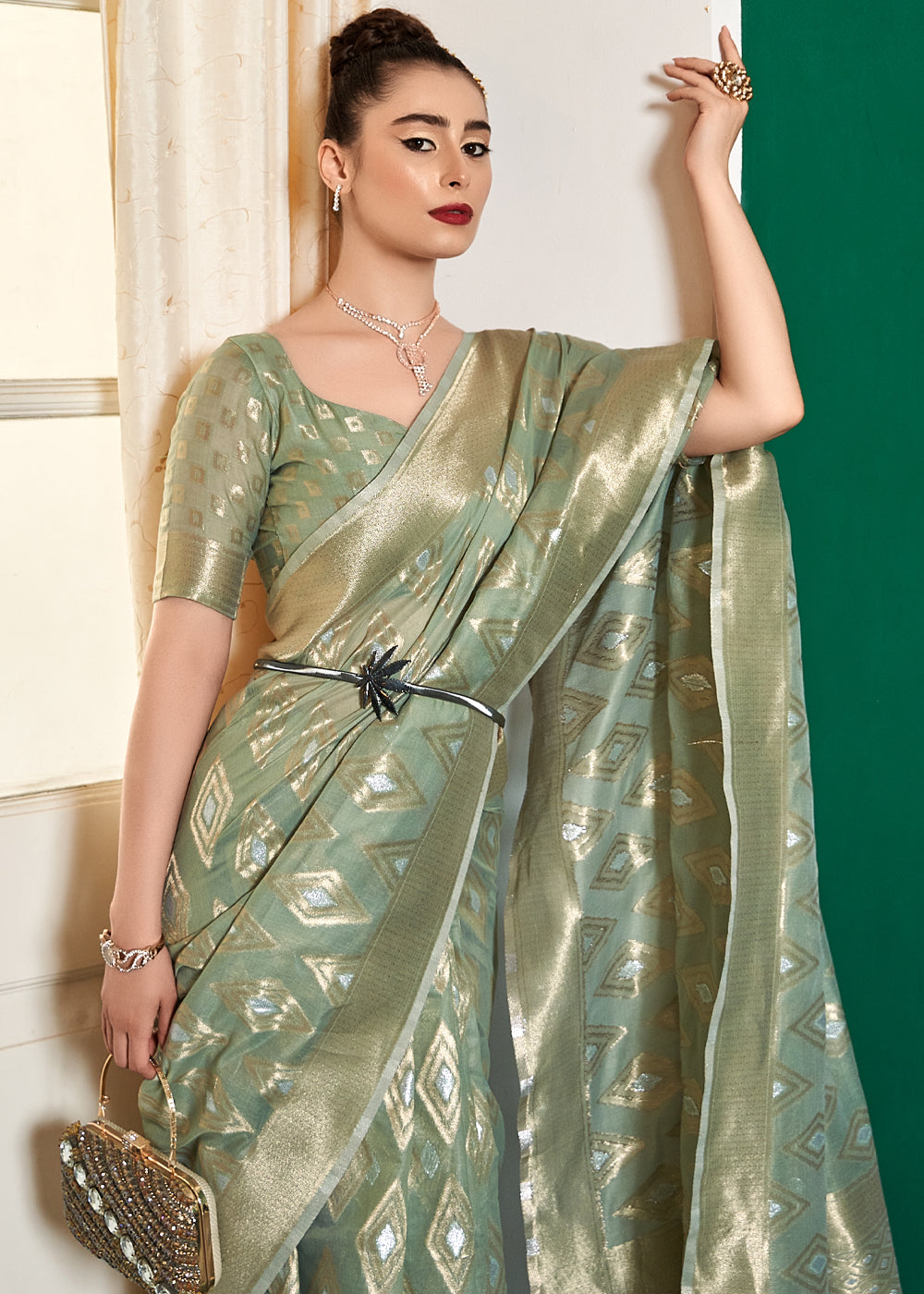 Buy MySilkLove Finch Green Woven Banarasi Cotton Modal Silk Saree Online