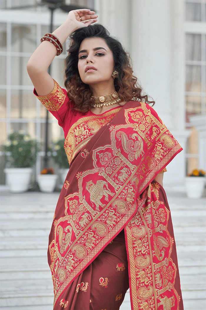 Buy MySilkLove Lotus Brown and Red Zari Woven Banarasi Saree Online