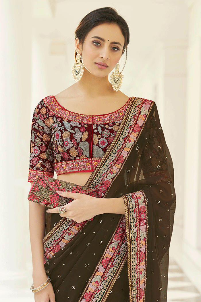 Buy MySilkLove Lisbon Brown Organza Partywear Saree Online