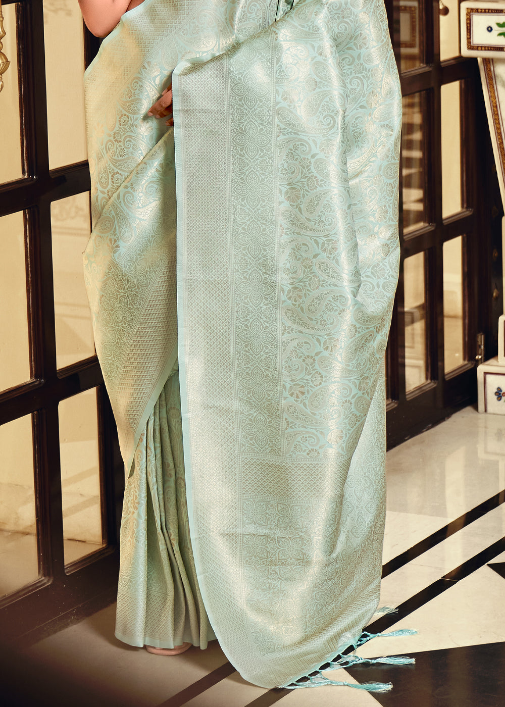 Buy MySilkLove Sea Mist Blue Woven kanjivaram Silk Saree Online