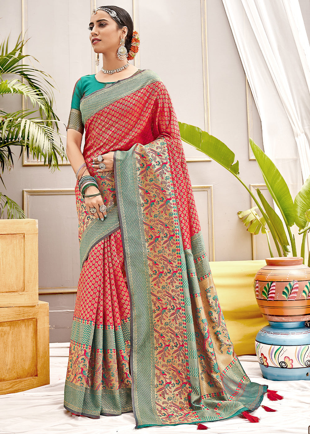 Buy MySilkLove Cognac Red and Blue Zari Woven Banarasi Saree Online