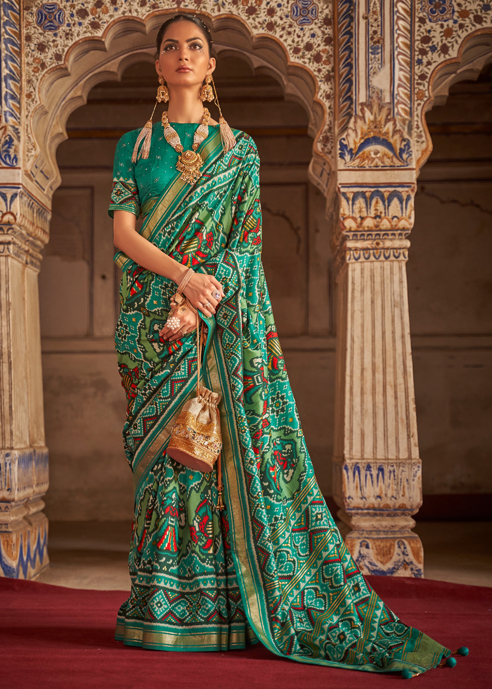 Buy MySilkLove Spring Leaves Green and Blue Patola Silk Saree Online