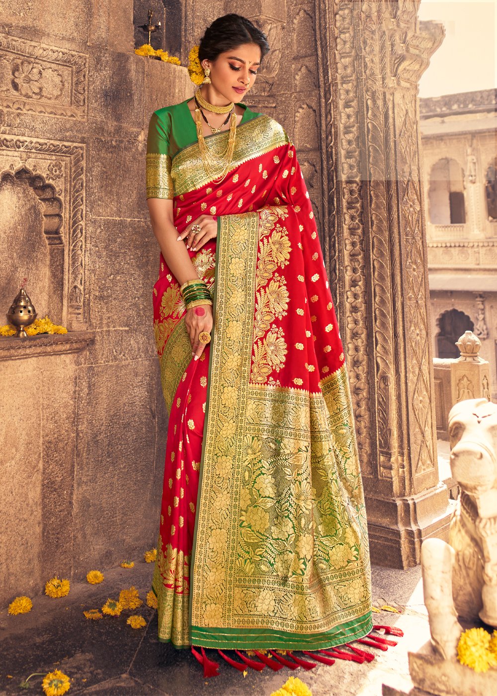 Buy MySilkLove Tamarillo Red Zari Woven Banarasi Saree Online