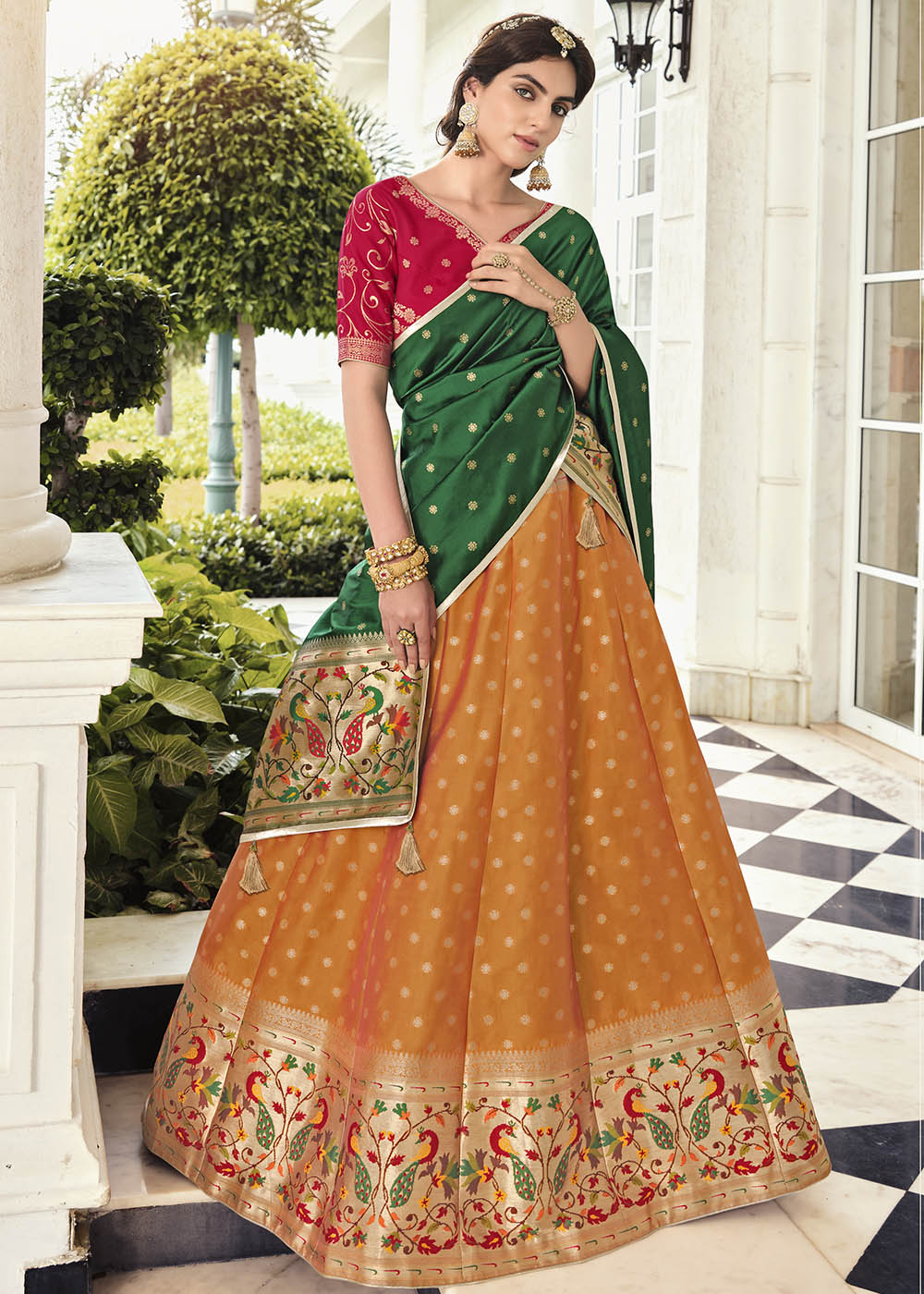 Buy MySilkLove Koromiko Yellow and Green Banarasi Silk Lehenga Choli Online