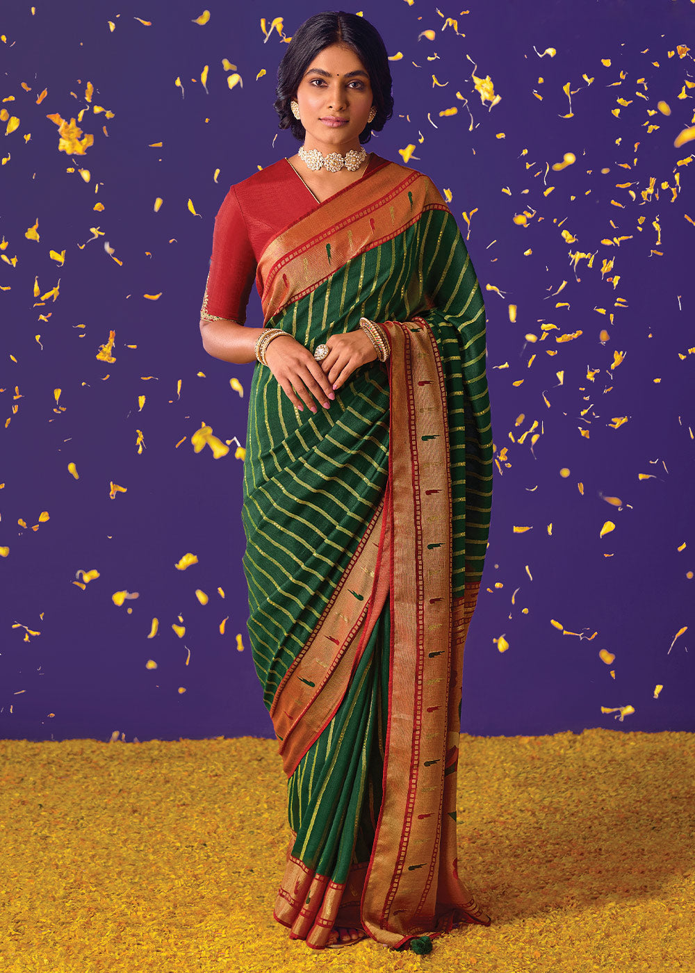 Buy MySilkLove Thatch Green Printed Paithani Saree With Embroidered Blouse Online