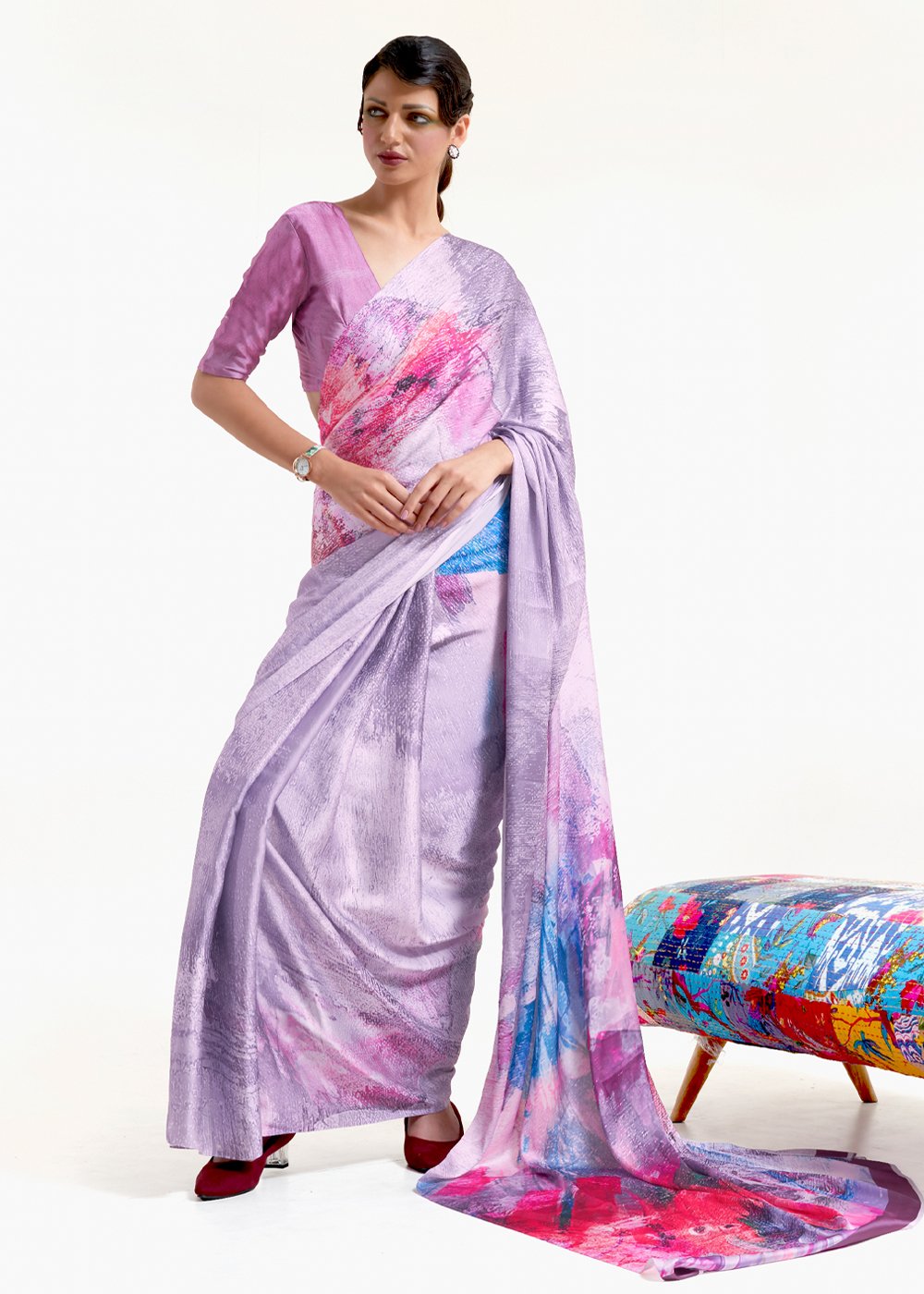 Buy MySilkLove London Hue Purple Printed Satin Silk Saree Online