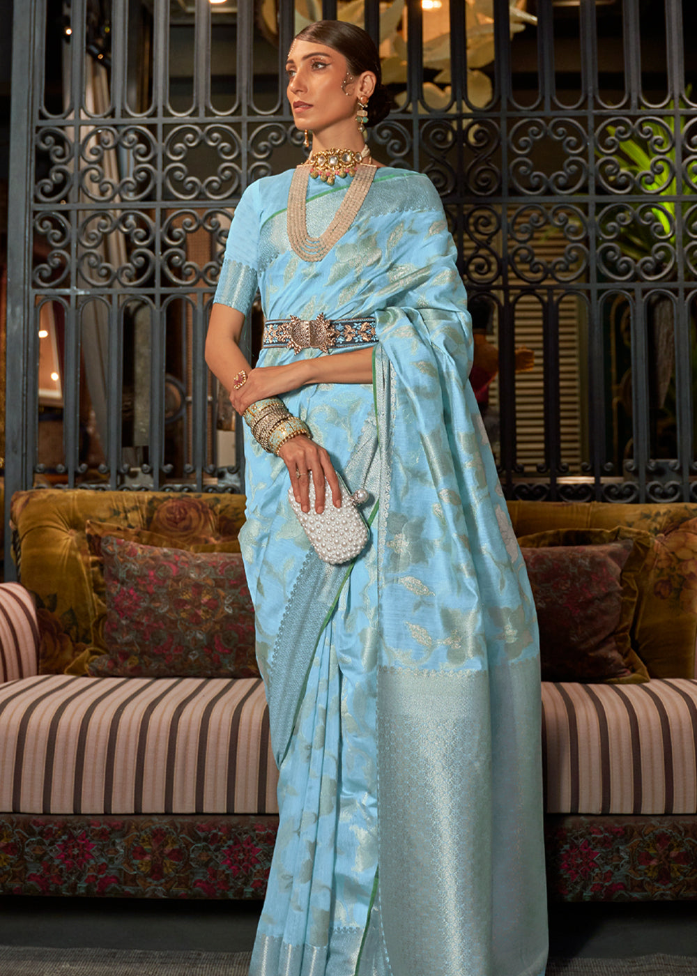 Buy MySilkLove Glacier Blue Zari Woven Banarasi Silk Saree Online