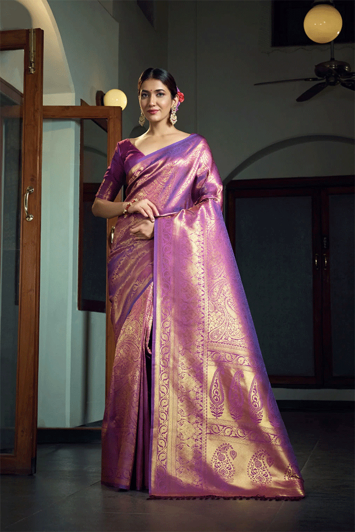 Buy MySilkLove Twilight Lavender Purple Zari Woven Kanjivaram Saree Online