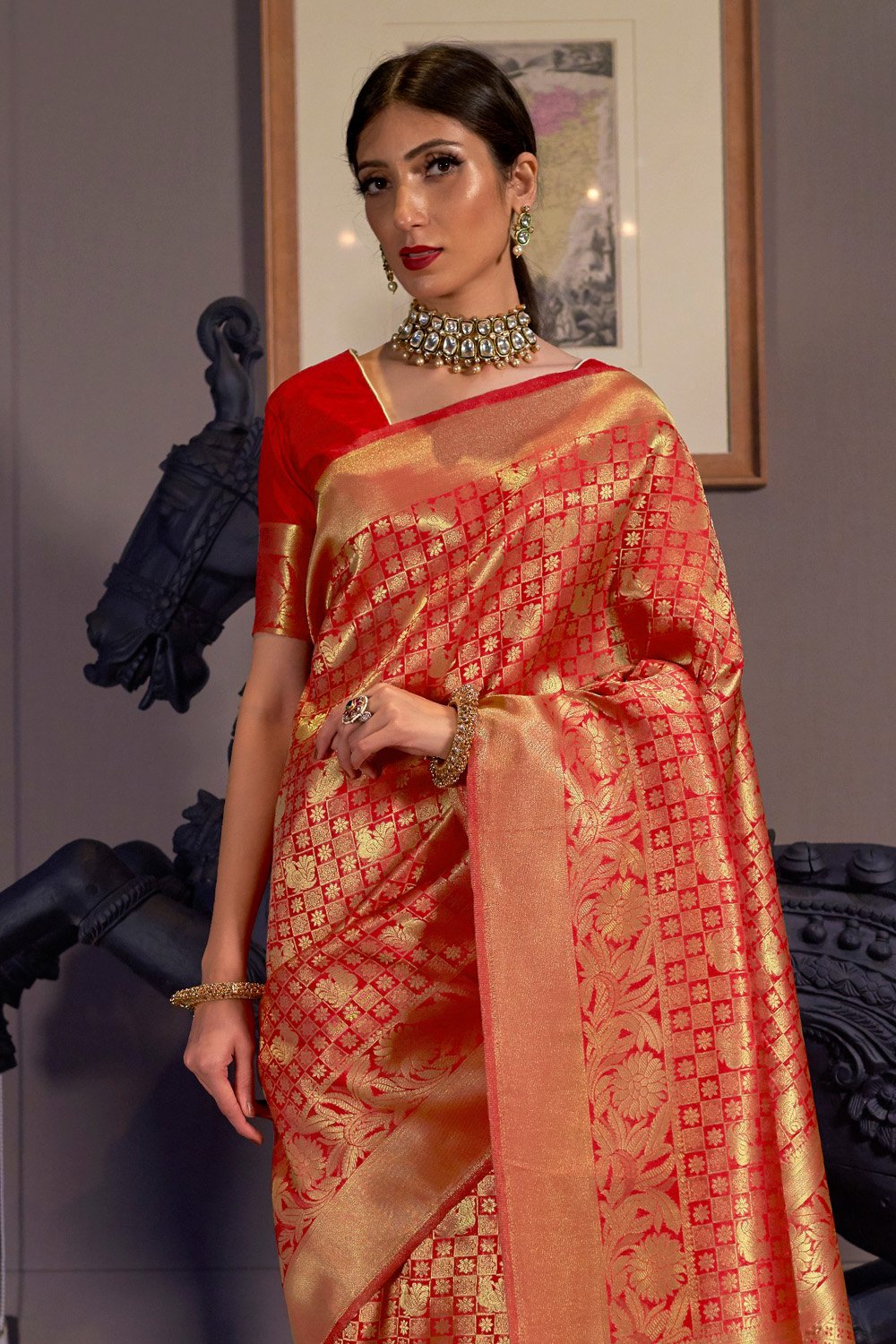 Buy MySilkLove Guardsman Red Woven Kanjivaram Saree Online