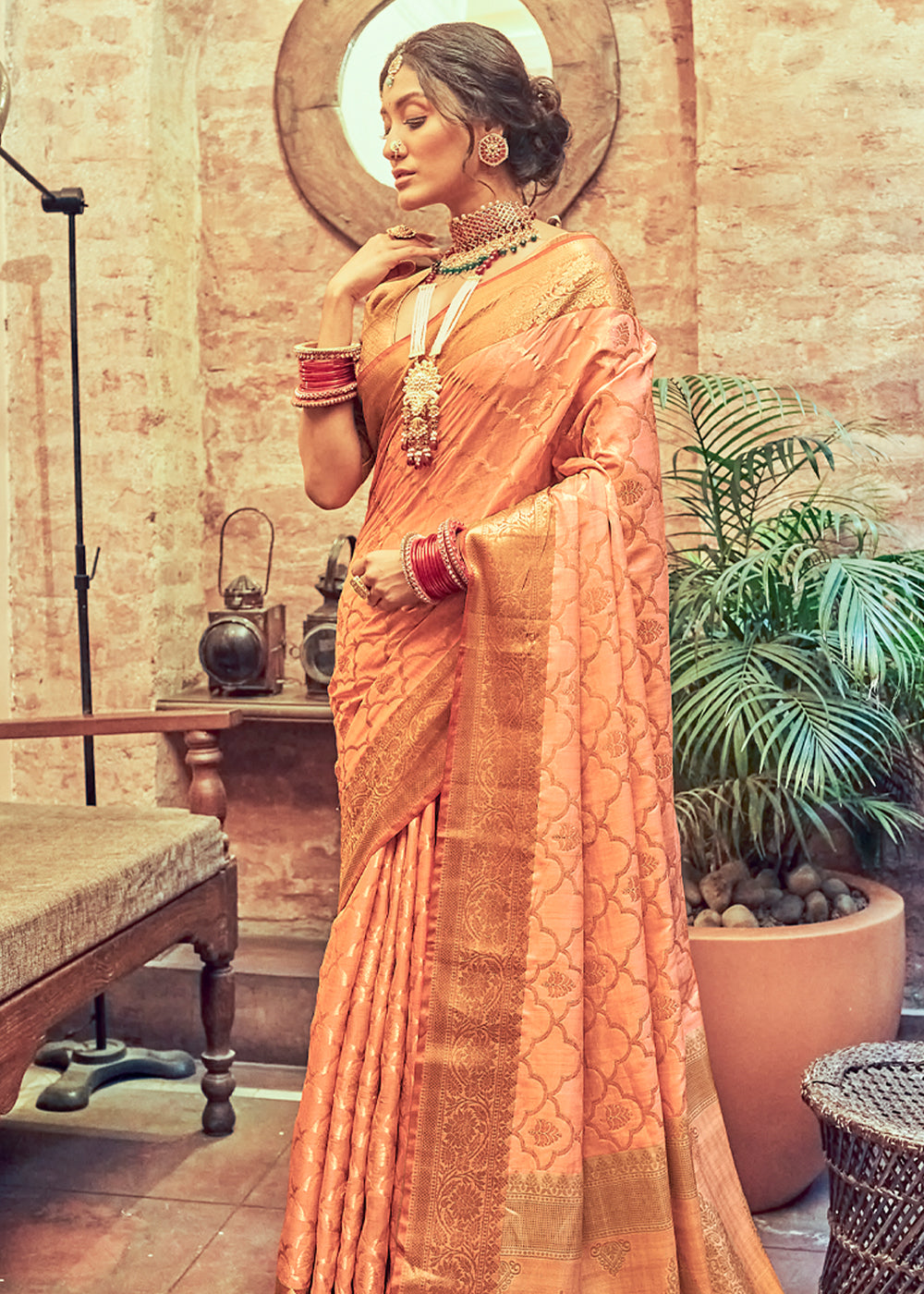 Buy MySilkLove Hit Peach Woven Banarasi Silk Saree Online