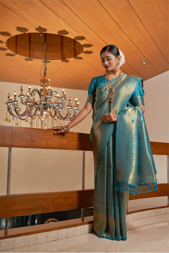 Buy MySilkLove Atoll Blue Zari Woven Kanjivaram Silk Saree Online