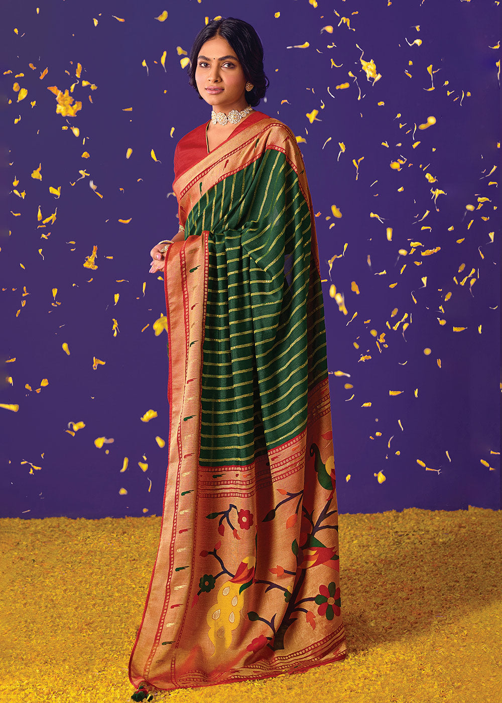 Buy MySilkLove Thatch Green Printed Paithani Saree With Embroidered Blouse Online