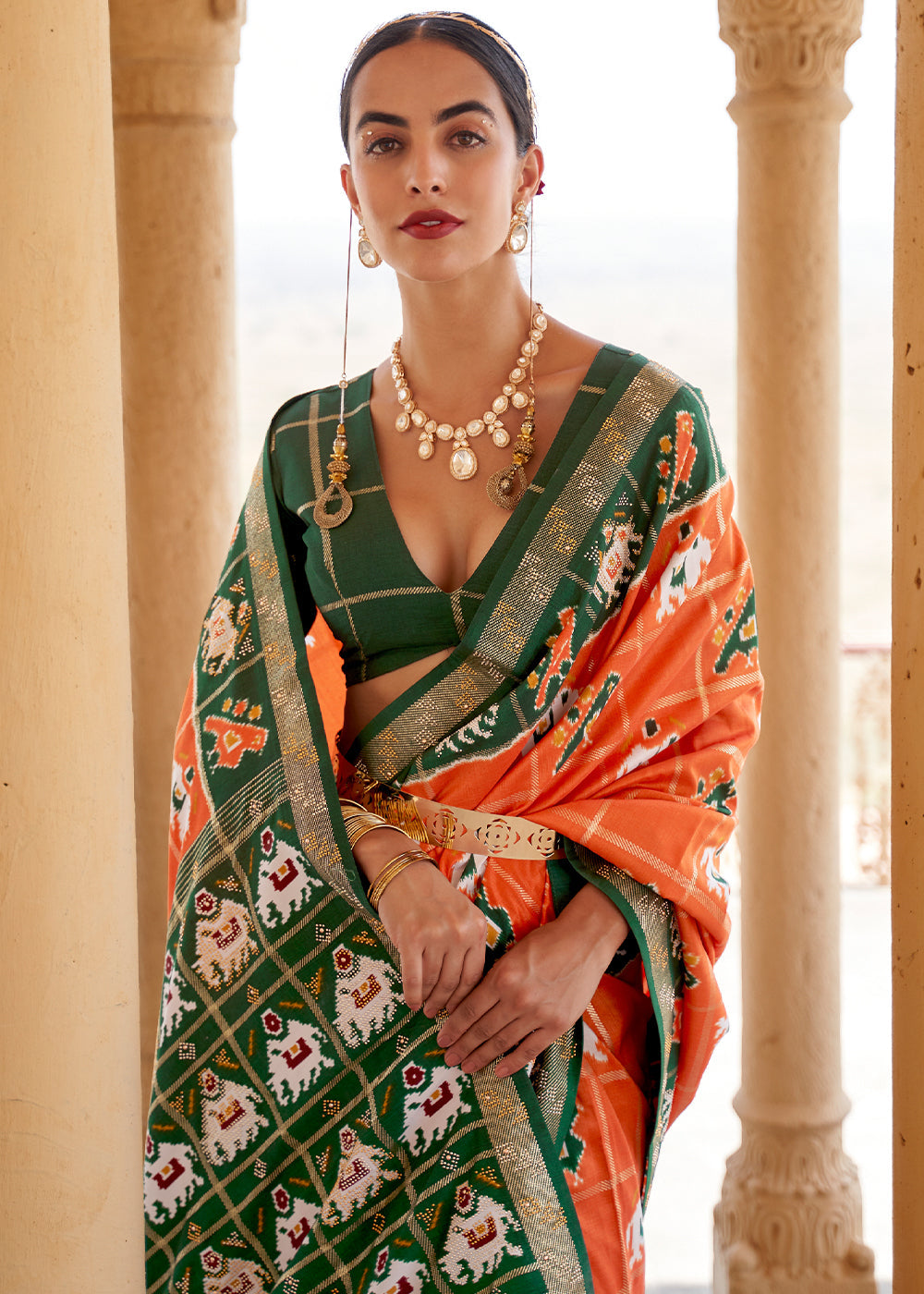 Buy MySilkLove Serria Orange and Green Printed Patola Silk Saree Online
