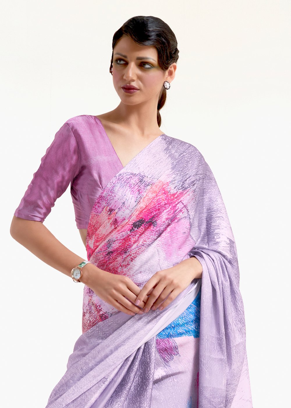 MySilkLove London Hue Purple Printed Satin Silk Saree