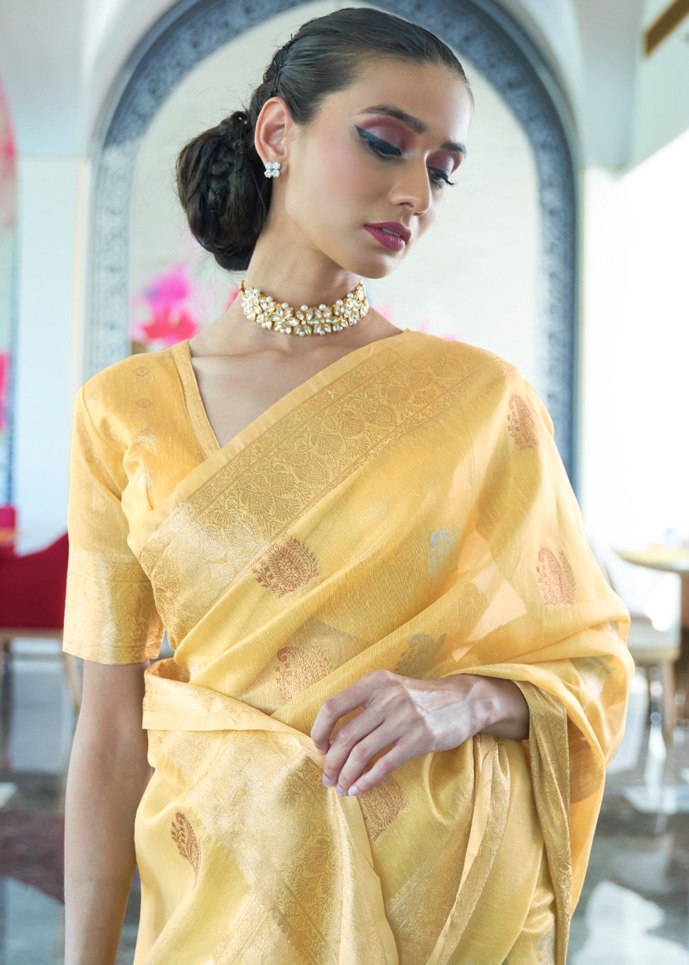 Buy MySilkLove Chenin Yellow Woven Tissue Banarasi Saree Online