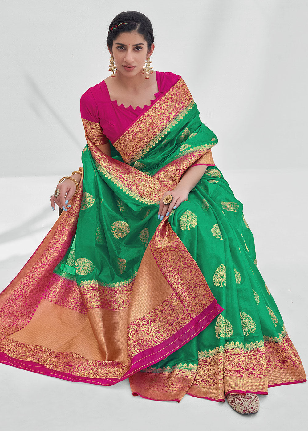 MySilkLove Aqua Forest Green Zari Woven Organza Silk Saree