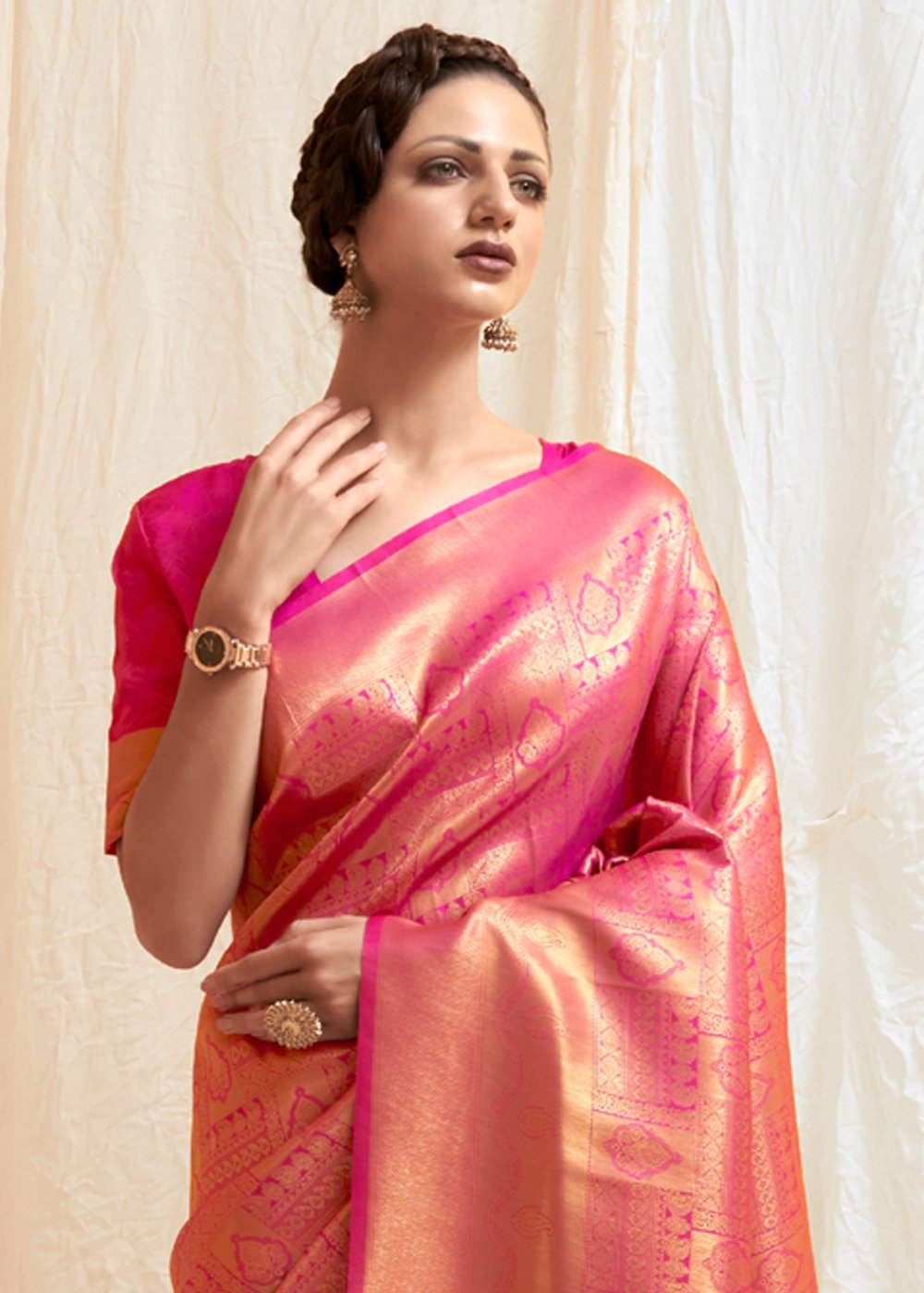 Buy MySilkLove Elegant Pink Zari Woven Kanjivaram Silk saree Online
