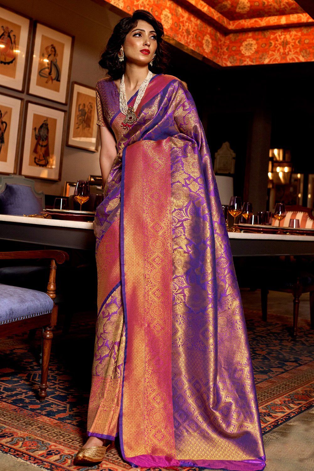 Buy MySilkLove Cosmic Purple and golden Woven Kanjivaram Saree Online