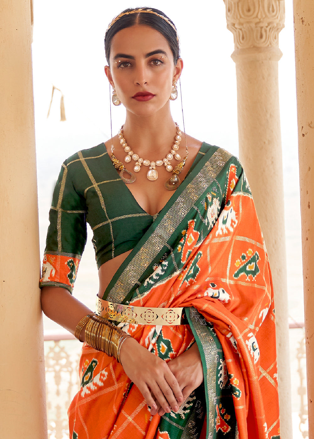 Buy MySilkLove Serria Orange and Green Printed Patola Silk Saree Online