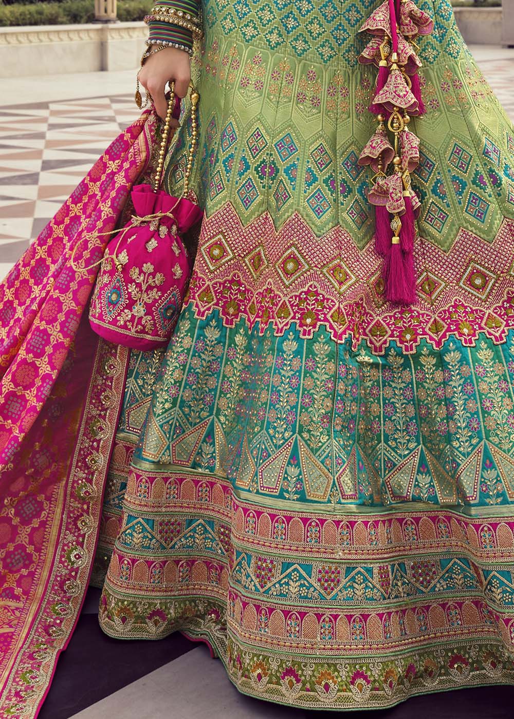 Buy MySilkLove Locust Green and Pink Banarasi Silk Lehenga Choli Online